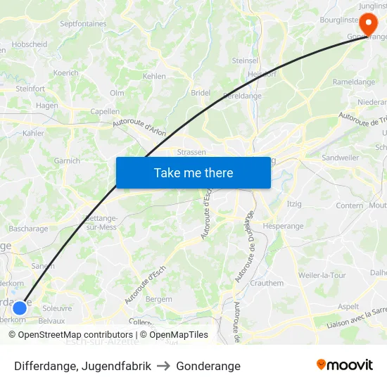 Differdange, Jugendfabrik to Gonderange map