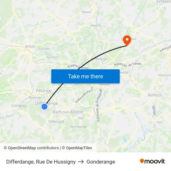 Differdange, Rue De Hussigny to Gonderange map
