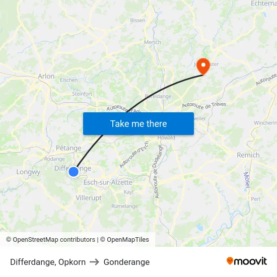 Differdange, Opkorn to Gonderange map