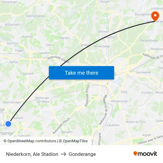 Niederkorn, Ale Stadion to Gonderange map