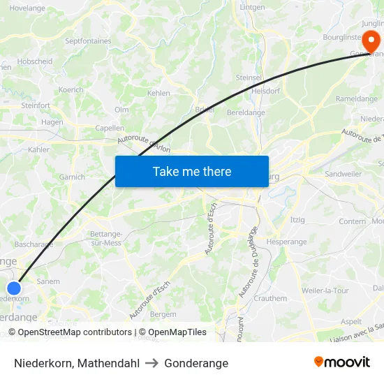 Niederkorn, Mathendahl to Gonderange map