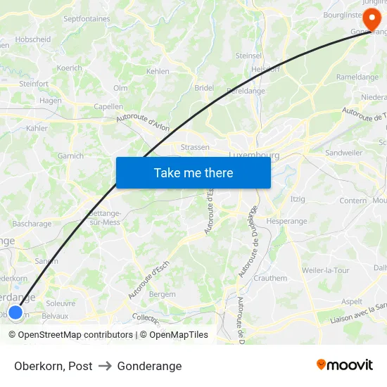 Oberkorn, Post to Gonderange map