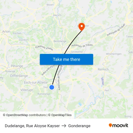 Dudelange, Rue Aloyse Kayser to Gonderange map