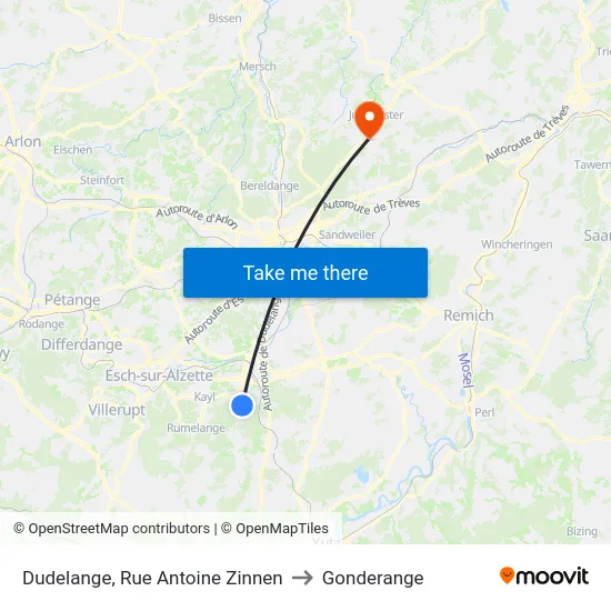 Dudelange, Rue Antoine Zinnen to Gonderange map