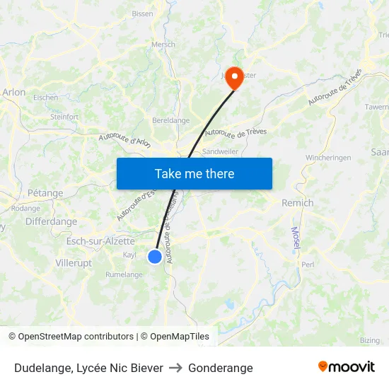 Dudelange, Lycée Nic Biever to Gonderange map