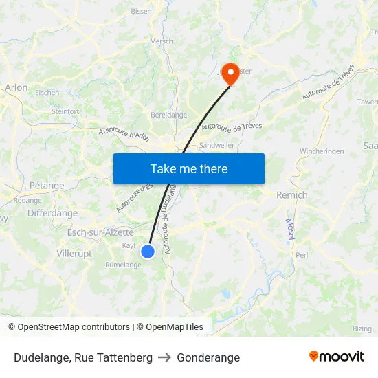 Dudelange, Rue Tattenberg to Gonderange map