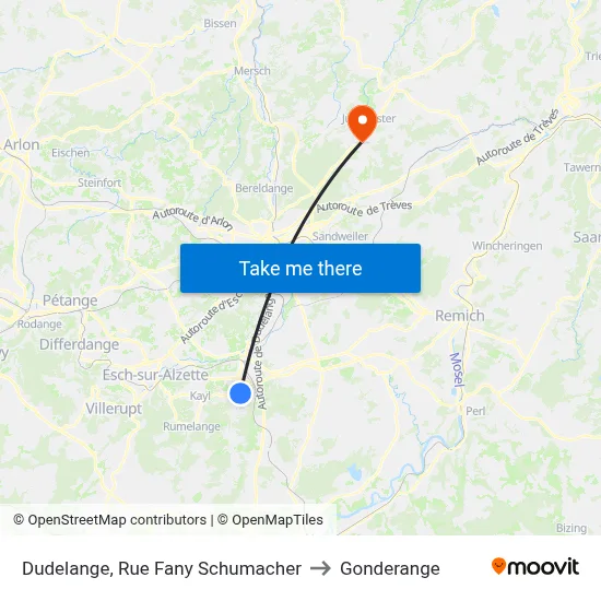 Dudelange, Rue Fany Schumacher to Gonderange map