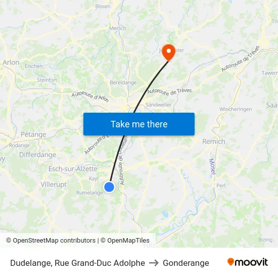 Dudelange, Rue Grand-Duc Adolphe to Gonderange map