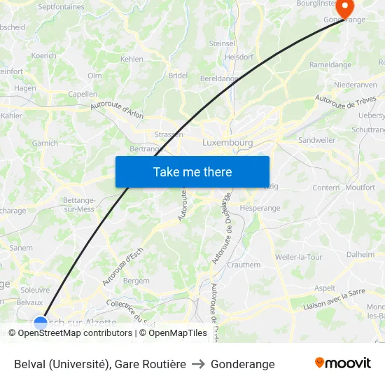 Belval (Université), Gare Routière to Gonderange map