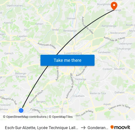 Esch-Sur-Alzette, Lycée Technique Lallange to Gonderange map