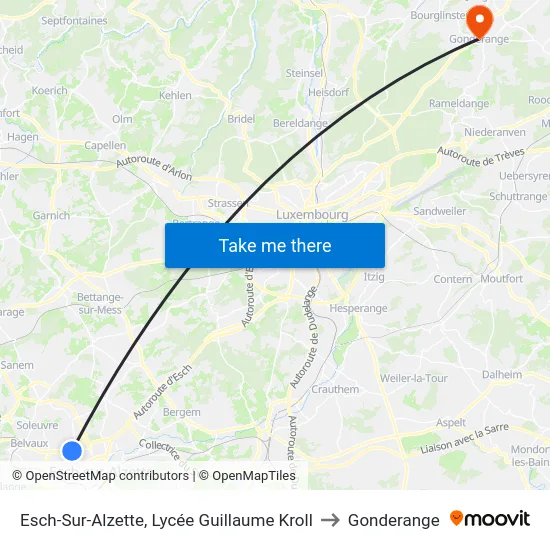 Esch-Sur-Alzette, Lycée Guillaume Kroll to Gonderange map
