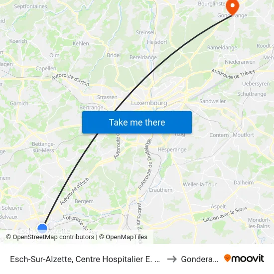 Esch-Sur-Alzette, Centre Hospitalier E. Mayrisch to Gonderange map