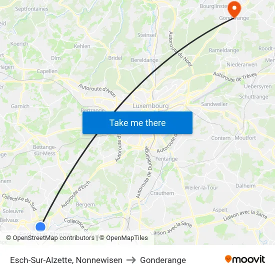 Esch-Sur-Alzette, Nonnewisen to Gonderange map