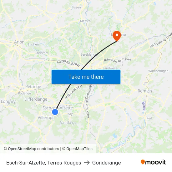 Esch-Sur-Alzette, Terres Rouges to Gonderange map