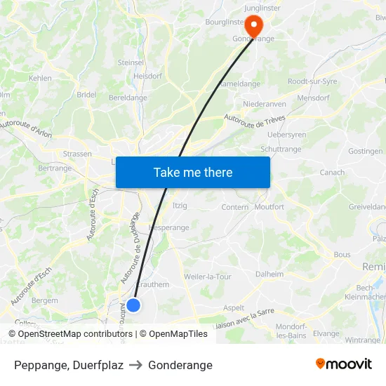 Peppange, Duerfplaz to Gonderange map