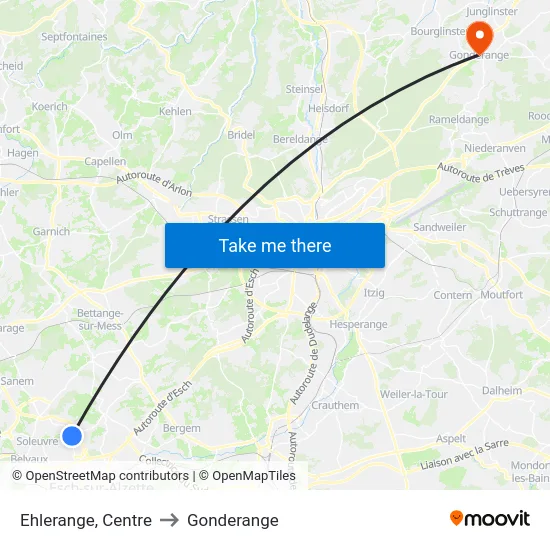 Ehlerange, Centre to Gonderange map