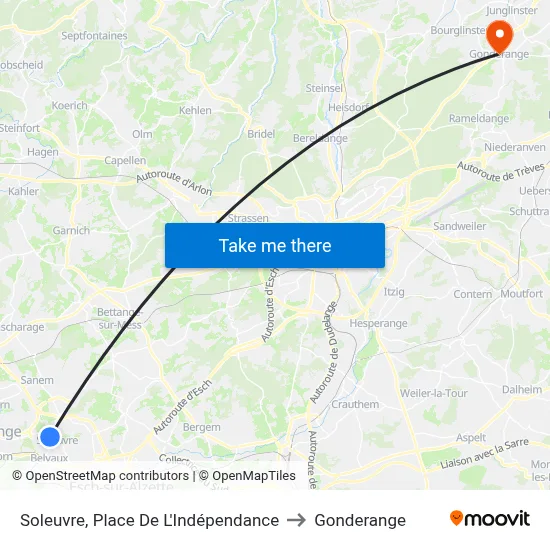 Soleuvre, Place De L'Indépendance to Gonderange map