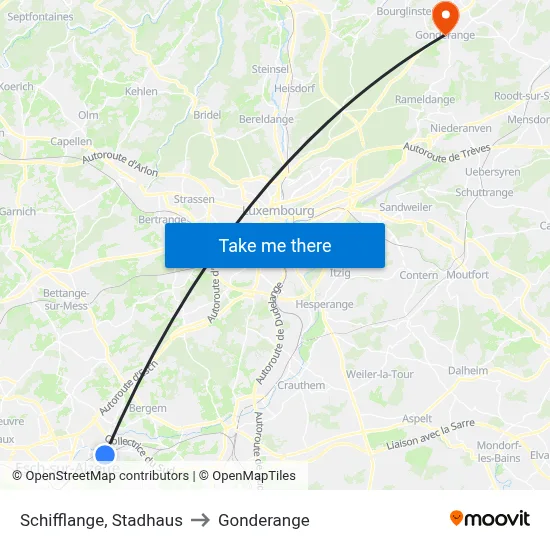Schifflange, Stadhaus to Gonderange map