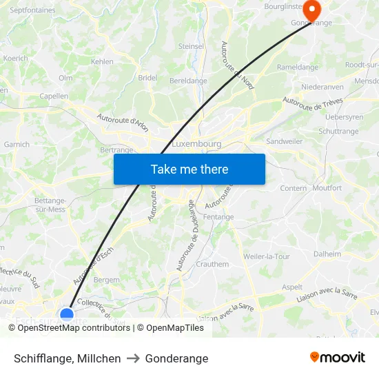 Schifflange, Millchen to Gonderange map