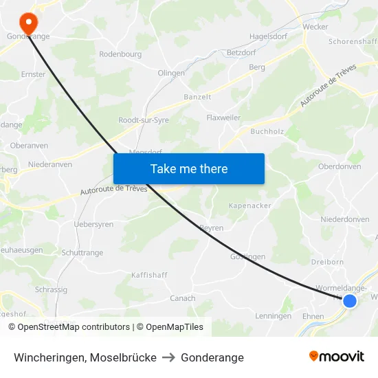 Wincheringen, Moselbrücke to Gonderange map