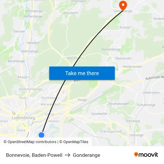 Bonnevoie, Baden-Powell to Gonderange map