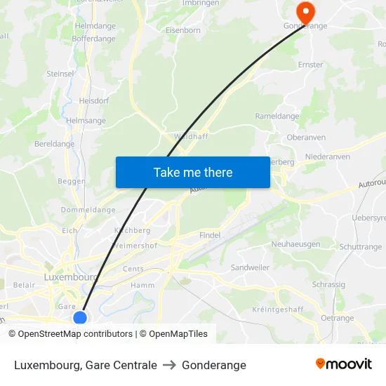 Luxembourg, Gare Centrale to Gonderange map