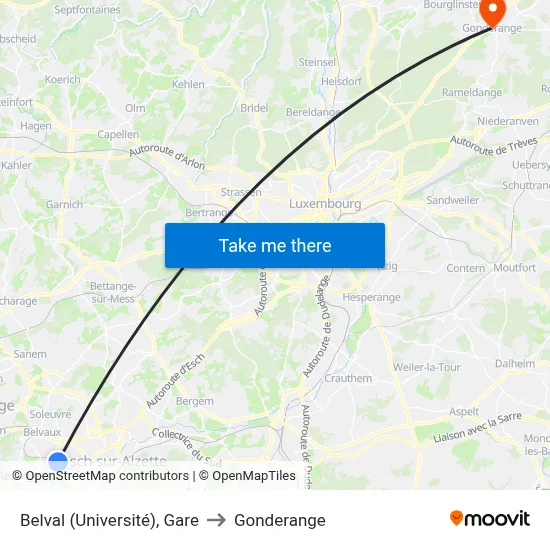 Belval (Université), Gare to Gonderange map