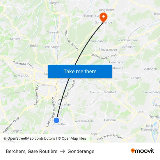 Berchem, Gare Routière to Gonderange map