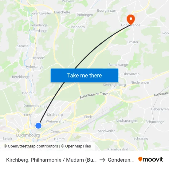 Kirchberg, Philharmonie / Mudam (Bus) to Gonderange map