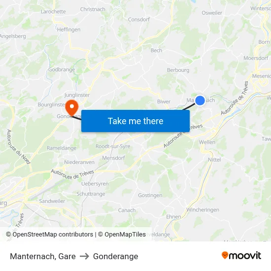 Manternach, Gare to Gonderange map