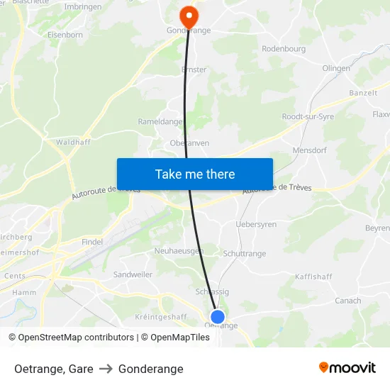 Oetrange, Gare to Gonderange map