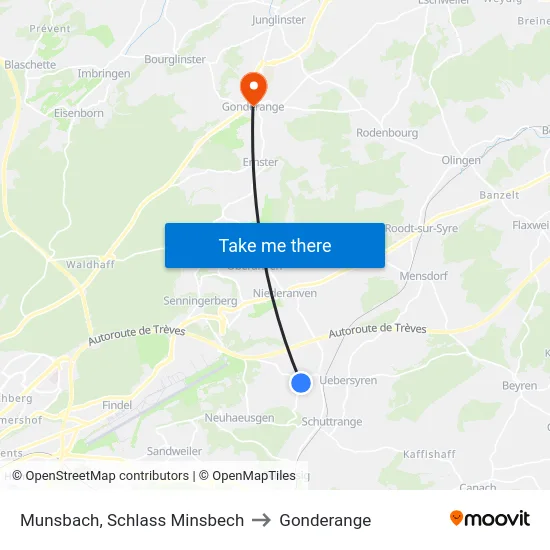 Munsbach, Schlass Minsbech to Gonderange map