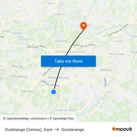 Dudelange (Usines), Gare to Gonderange map