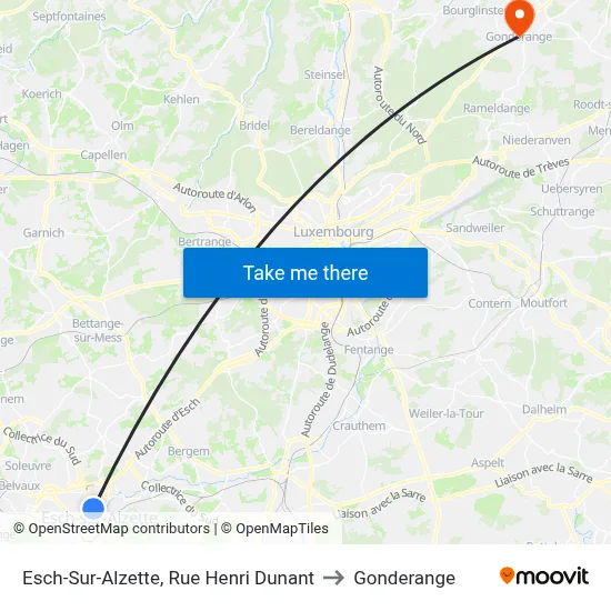 Esch-Sur-Alzette, Rue Henri Dunant to Gonderange map