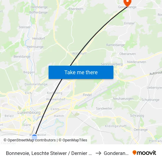 Bonnevoie, Leschte Steiwer / Dernier Sol to Gonderange map