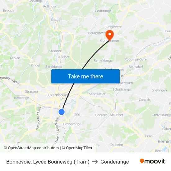 Bonnevoie, Lycée Bouneweg (Tram) to Gonderange map