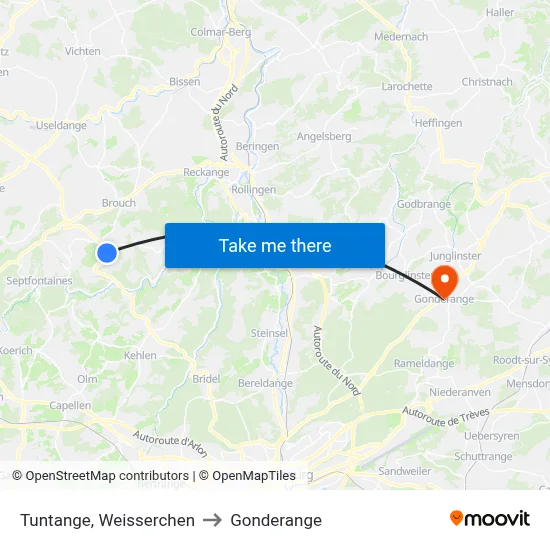 Tuntange, Weisserchen to Gonderange map