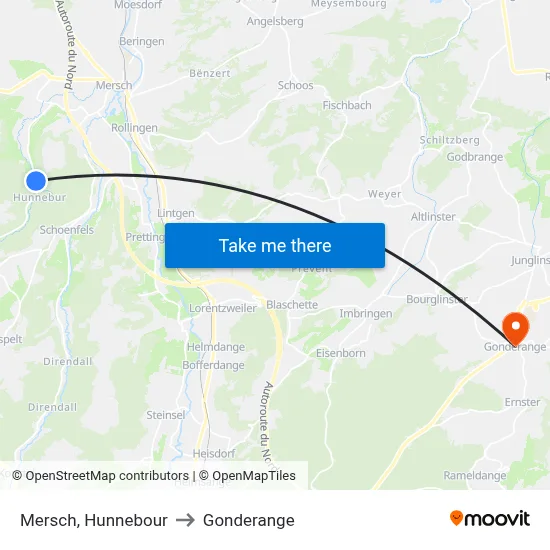 Mersch, Hunnebour to Gonderange map