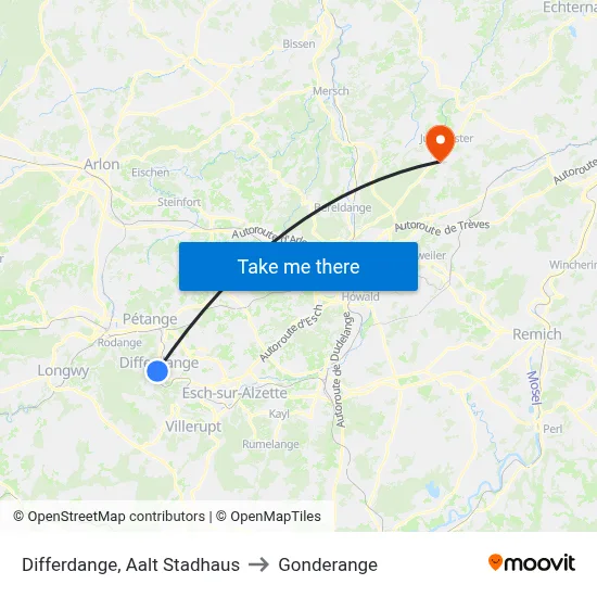 Differdange, Aalt Stadhaus to Gonderange map
