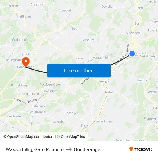 Wasserbillig, Gare Routière to Gonderange map