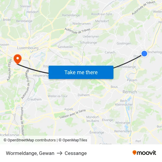 Wormeldange, Gewan to Cessange map