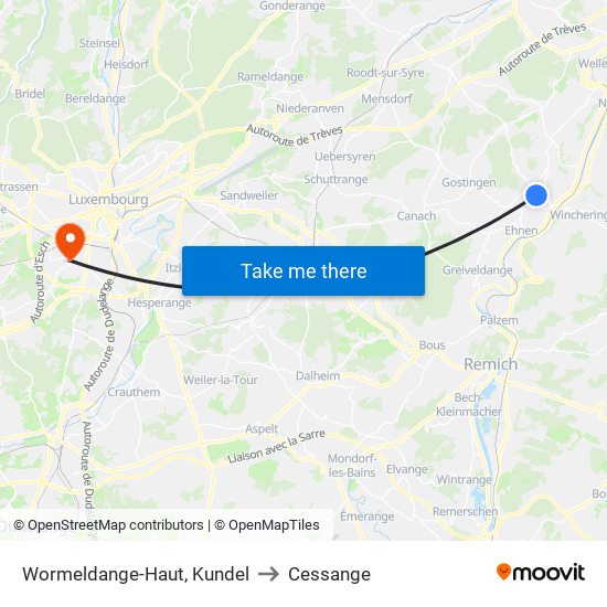 Wormeldange-Haut, Kundel to Cessange map