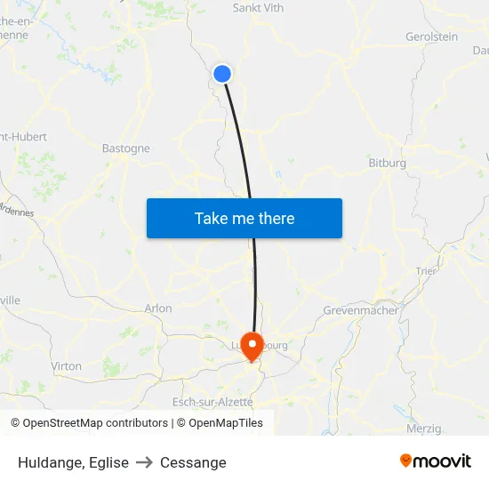 Huldange, Eglise to Cessange map