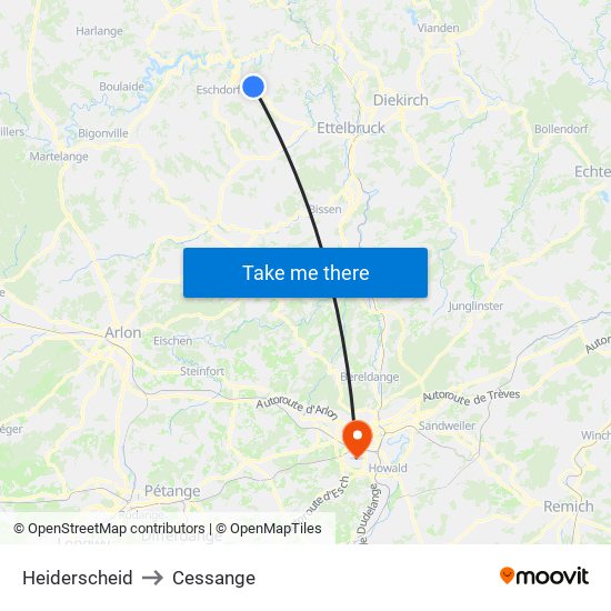 Heiderscheid to Cessange map