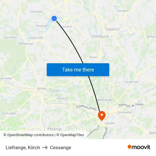 Liefrange, Kiirch to Cessange map