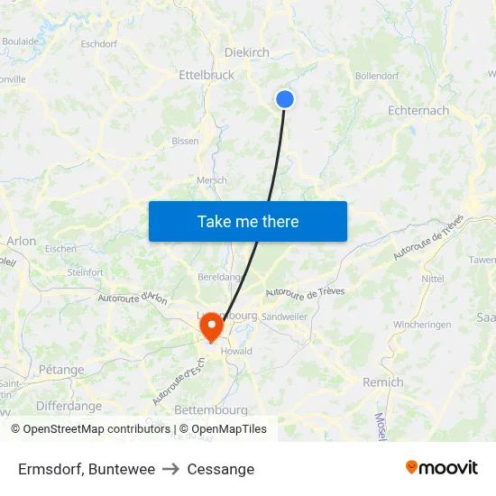 Ermsdorf, Buntewee to Cessange map
