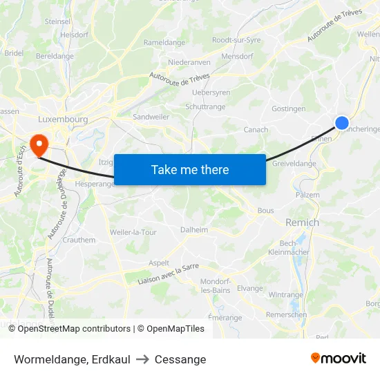 Wormeldange, Erdkaul to Cessange map
