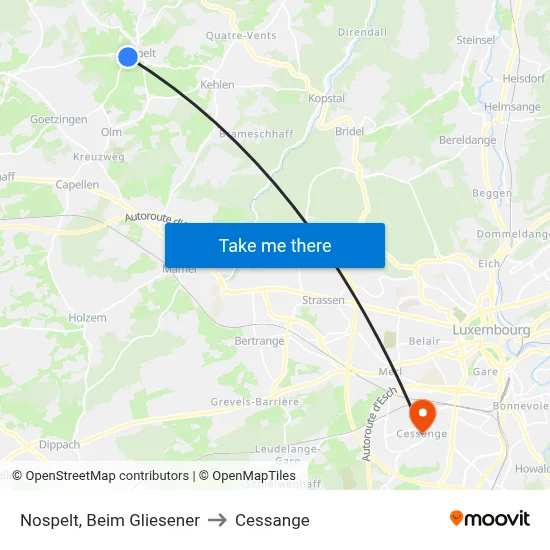 Nospelt, Beim Gliesener to Cessange map