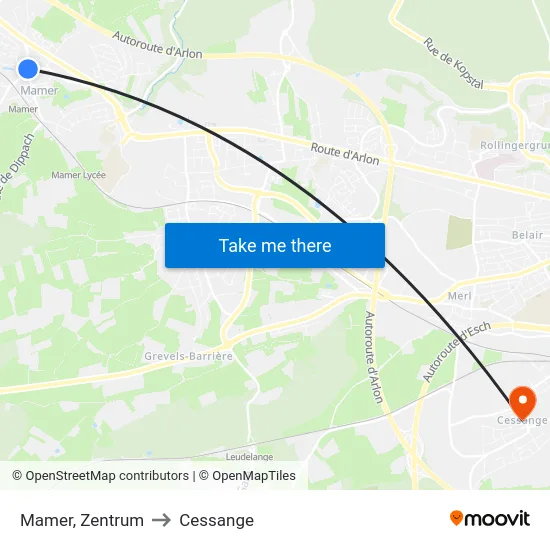 Mamer, Zentrum to Cessange map
