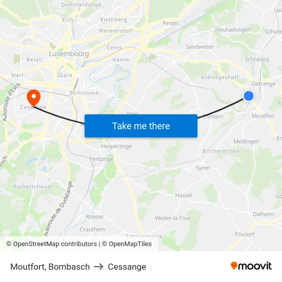 Moutfort, Bombasch to Cessange map